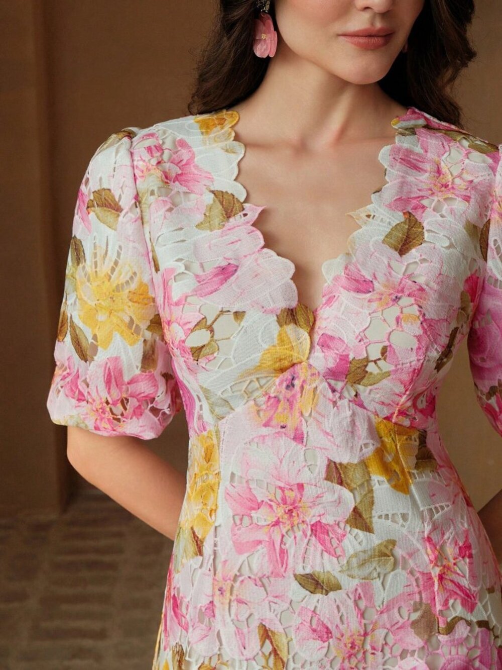 Pink Boho Women's V-Neck Puff Sleeve Ruffled A-Line Lace Floral Print Dress - Picture 5 of 7